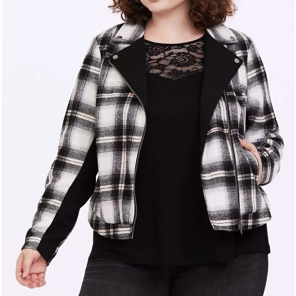 Torrid Jacket 4 US 26 Plaid Flannel Moto Zip Front Black White Check NWT - Picture 1 of 7